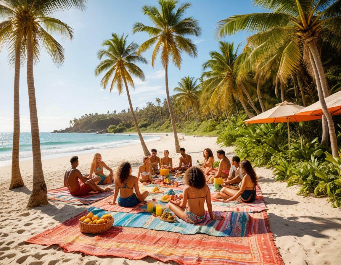 A vibrant beach scene showcasing diverse individuals enjoying the sun, wearing stylish beachwear. Surround them with healthy foods like fresh fruits, smoothies, and supplements on picnic blankets. Include elements of nature, like palm trees and waves, to emphasize a vibrant lifestyle. Sunlight should illuminate the scene, creating a warm and inviting atmosphere. artistic illustration. bright colors. tropical theme.